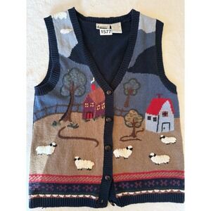 Vintage 90s Farmhouse Embroidered Sweater Vest Sheep Cottagecore Knit Capacity